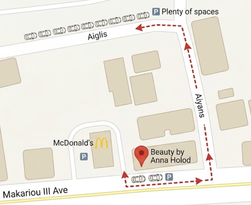 Parking diagram showing route from Makarios Ave to Beauty by Anna Holod salon